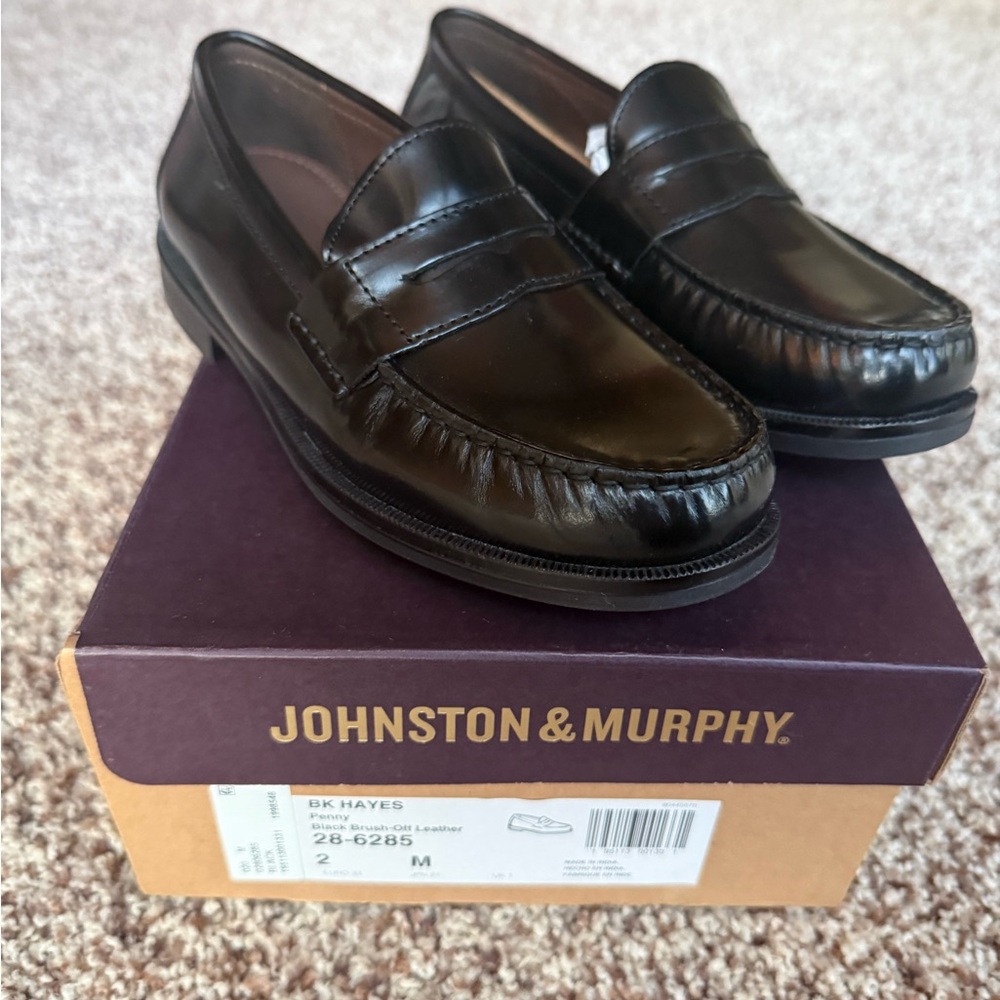 Johnston & Murphy BRAND NEW Boys Black Hayes Penny Leather Loafers - Size 2M
